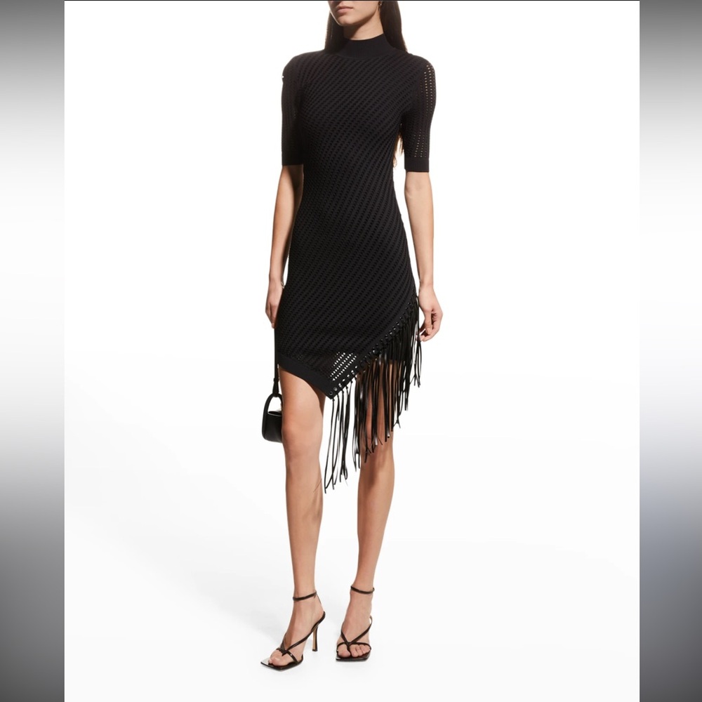 Black Pointelle-Knit Fringe-Hem Mini Dress by Jonathan Simkhai